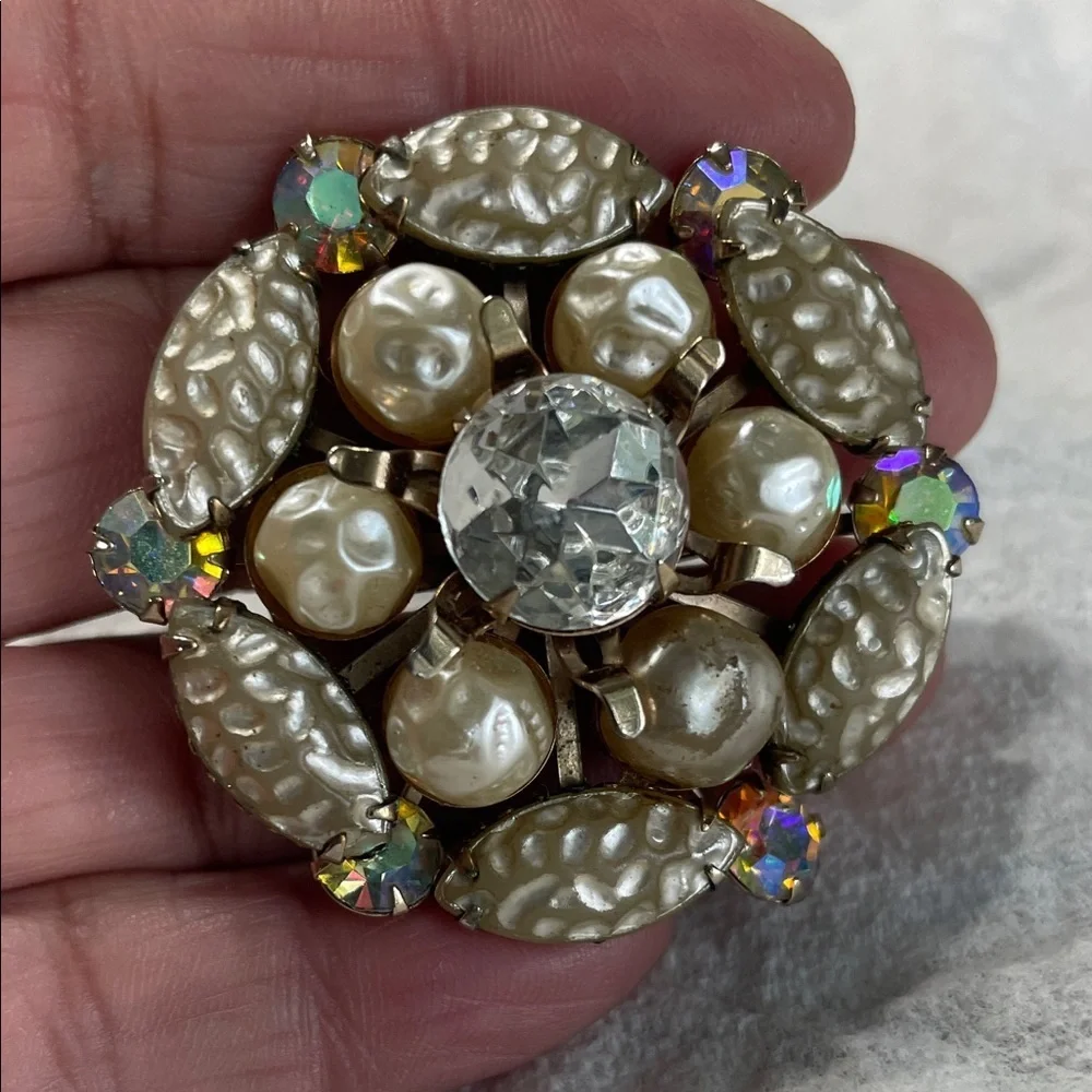 Vintage faux pearl and AB and Crystal Brooch